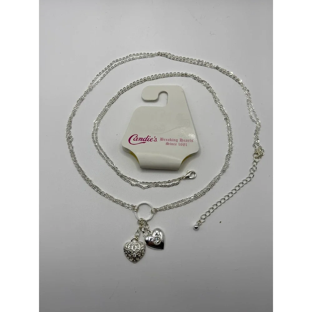 Candies Silver Tone Double Strand Heart Pendant Long Necklace 32 Inch Rhinestone